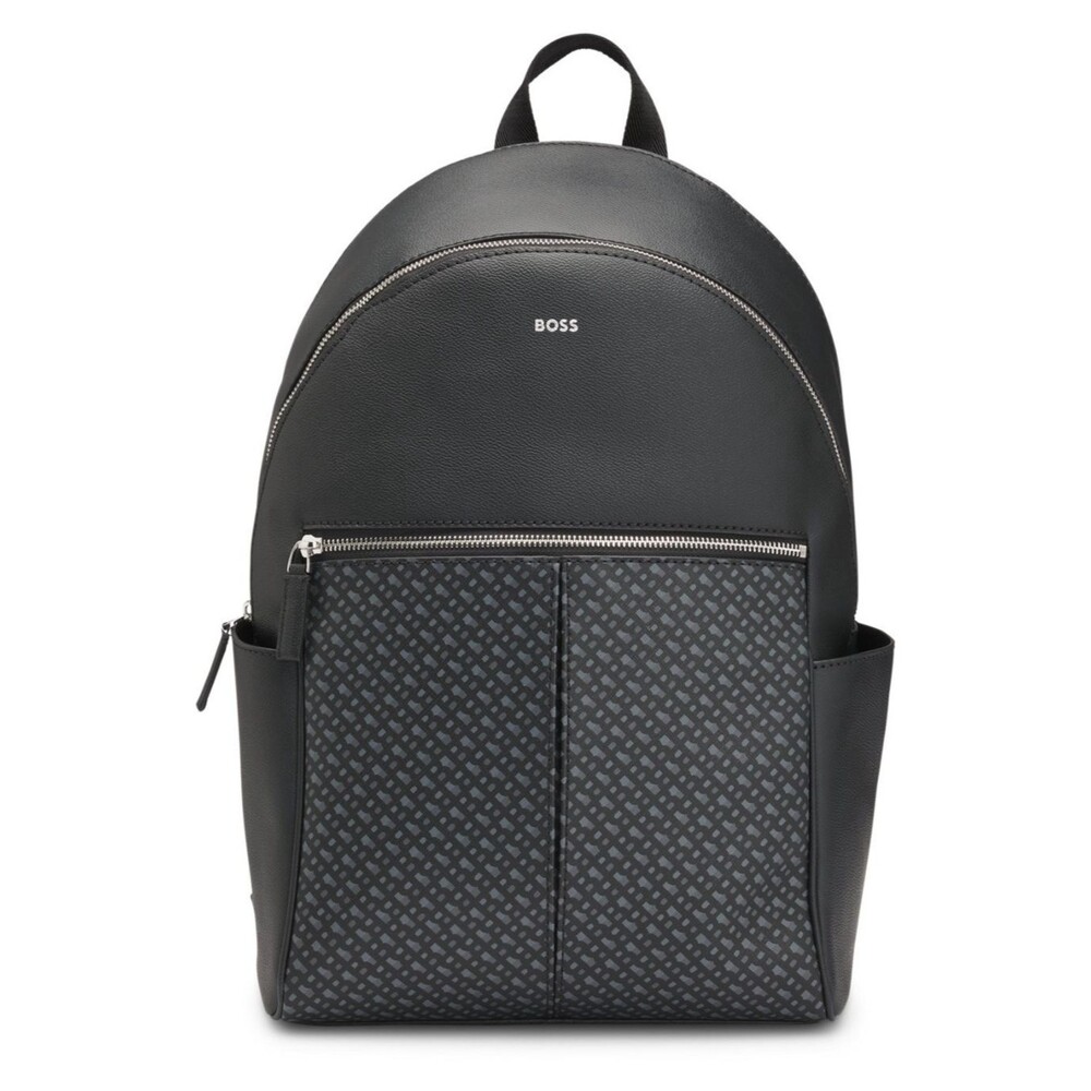 HUGO BOSS Mens Backpack Black Regenerated Leather Monogram Front Pocket ZAIR